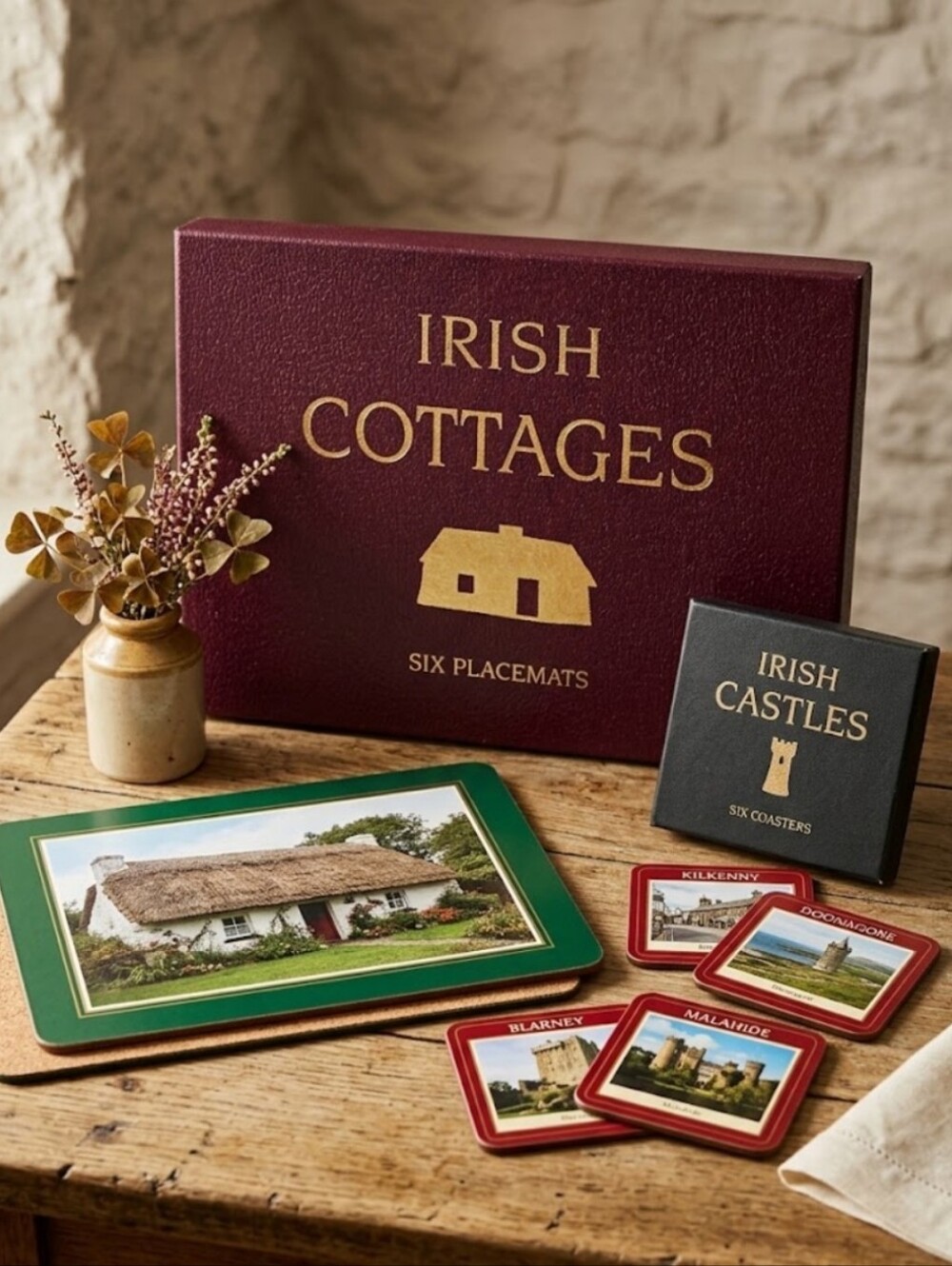 IOB Vintage Picture Press Ireland Placemats & Coasters Set - Cottages & Castles